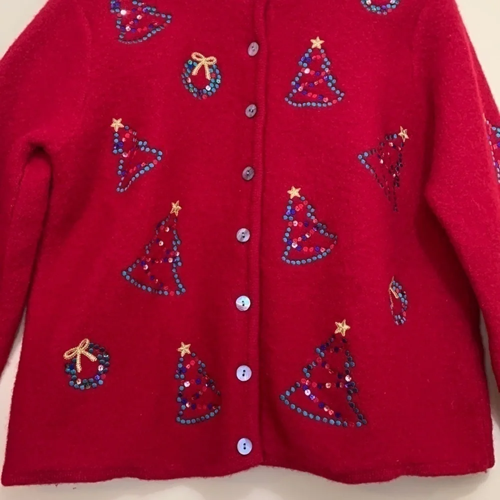 Karen Scott Sport Red Christmas Wool Thick Knit Embroidered Sequin Cardigan M/L